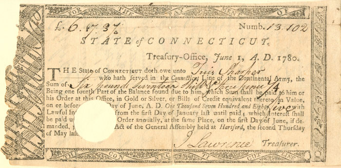Connecticut Line Note Signed by African American Revolutionary War Soldier - Tuis Sharper